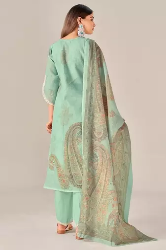 Green linen printed hand embroidery kurta set with dupatta