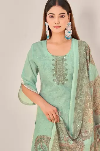 Green linen printed hand embroidery kurta set with dupatta