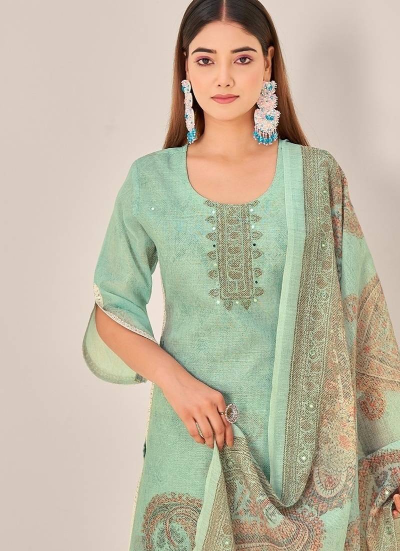Green linen printed hand embroidery kurta set with dupatta