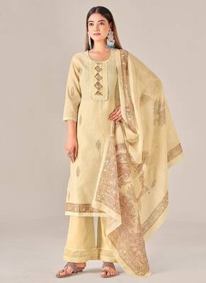 Yellow linen printed hand embroidery kurta set with dupatta 1