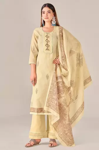 Yellow linen printed hand embroidery kurta set with dupatta