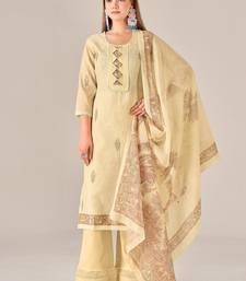 Yellow linen printed hand embroidery kurta set with dupatta