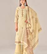 Yellow linen printed hand embroidery kurta set with dupatta
