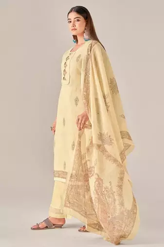 Yellow linen printed hand embroidery kurta set with dupatta