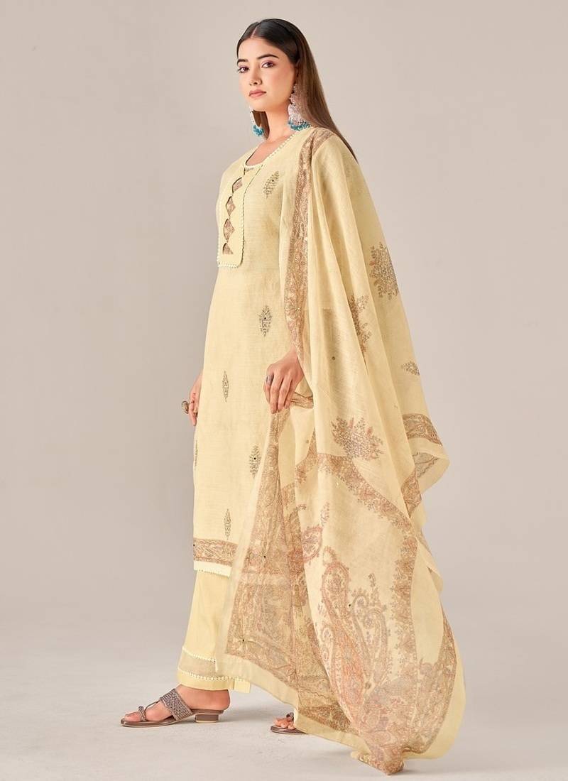 Yellow linen printed hand embroidery kurta set with dupatta