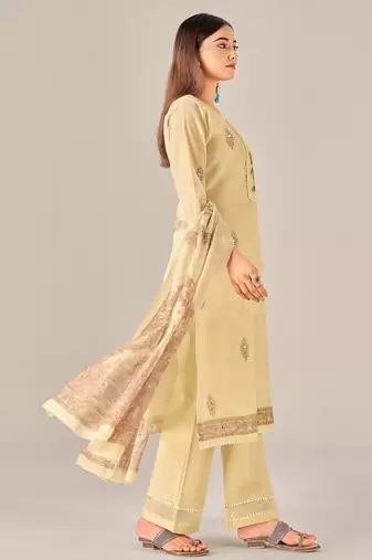 Yellow linen printed hand embroidery kurta set with dupatta