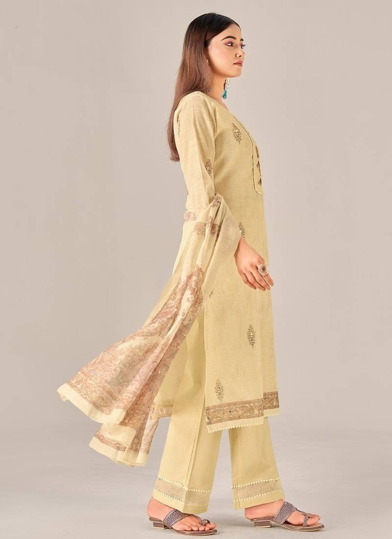 Yellow linen printed hand embroidery kurta set with dupatta