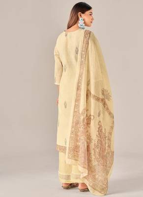 Yellow linen printed hand embroidery kurta set with dupatta 4