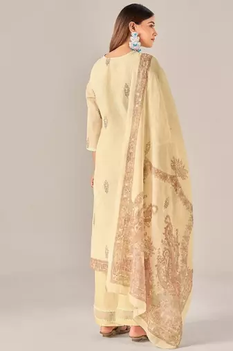 Yellow linen printed hand embroidery kurta set with dupatta