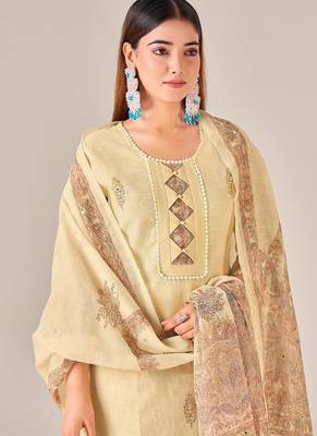 Yellow linen printed hand embroidery kurta set with dupatta 5