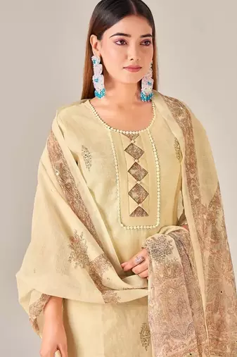 Yellow linen printed hand embroidery kurta set with dupatta