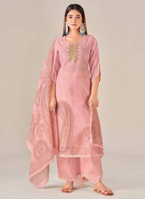 Pink linen printed hand embroidery kurta set with dupatta 1