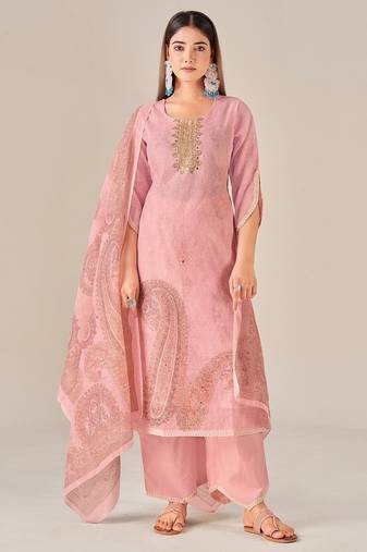 Pink linen printed hand embroidery kurta set with dupatta