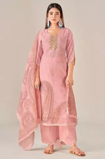 Pink linen printed hand embroidery kurta set with dupatta
