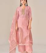 Pink linen printed hand embroidery kurta set with dupatta