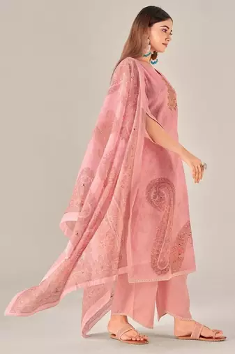 Pink linen printed hand embroidery kurta set with dupatta
