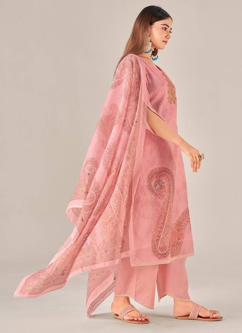 Pink linen printed hand embroidery kurta set with dupatta