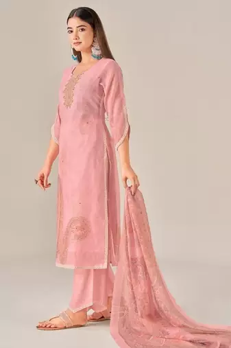 Pink linen printed hand embroidery kurta set with dupatta