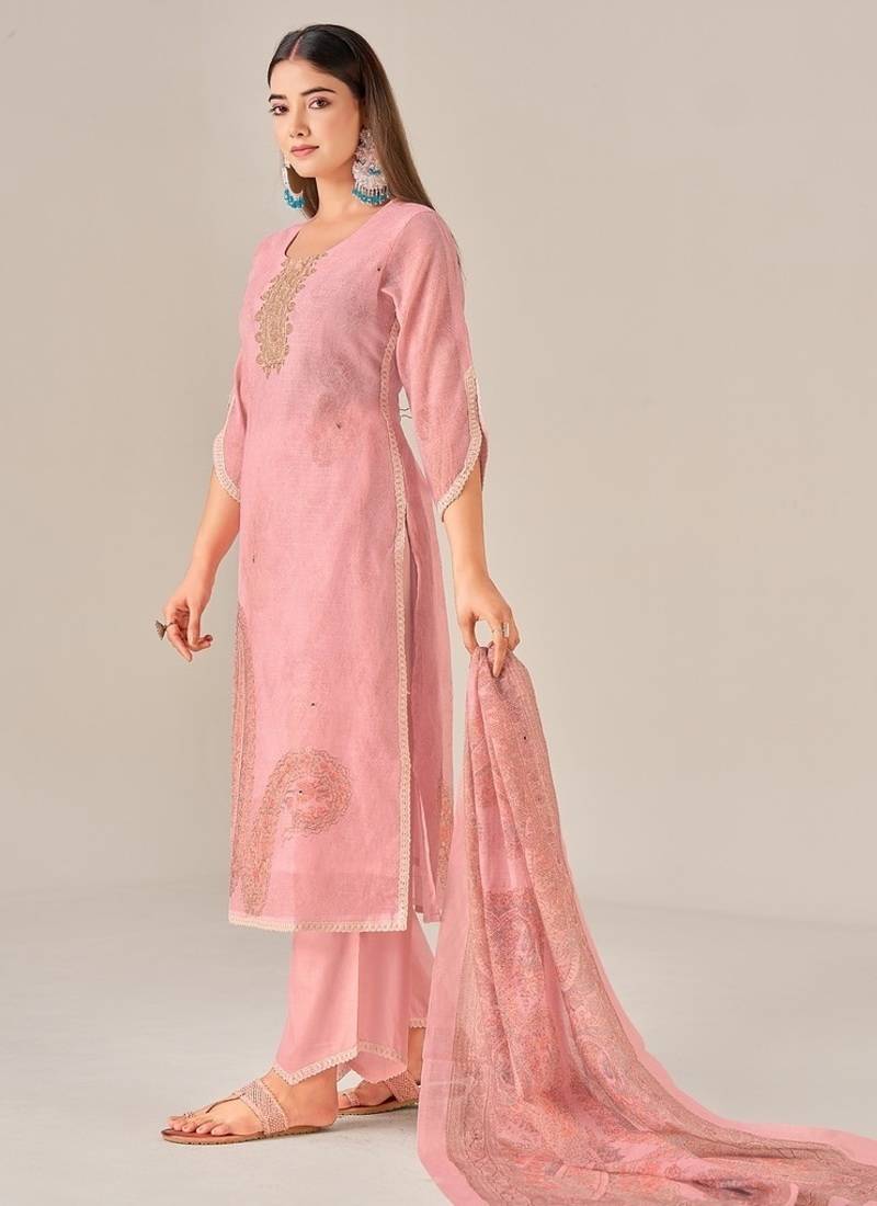 Pink linen printed hand embroidery kurta set with dupatta