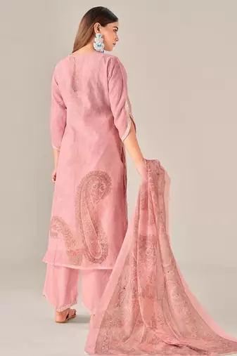 Pink linen printed hand embroidery kurta set with dupatta