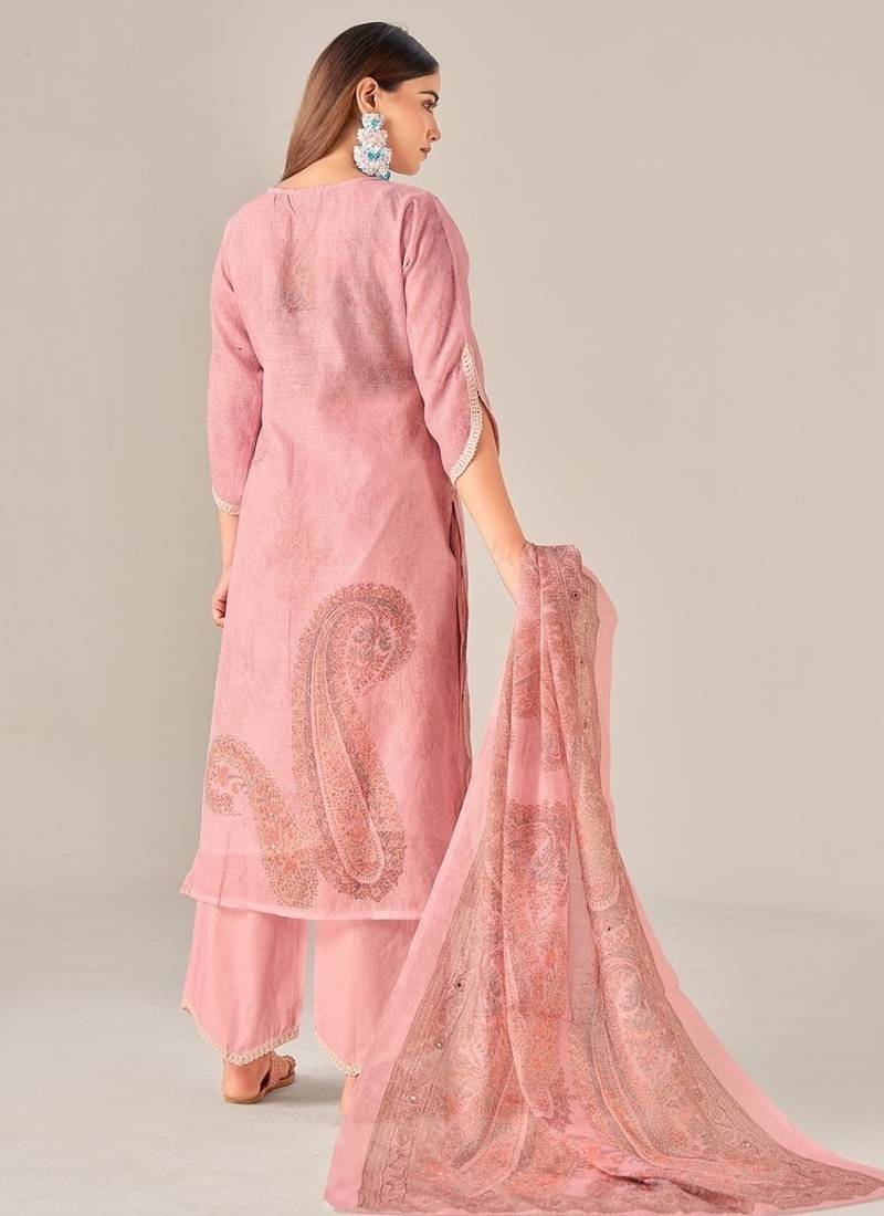 Pink linen printed hand embroidery kurta set with dupatta