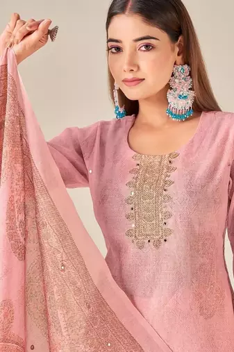 Pink linen printed hand embroidery kurta set with dupatta