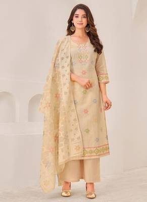 Beige linen printed hand embroidery kurta set with dupatta 1