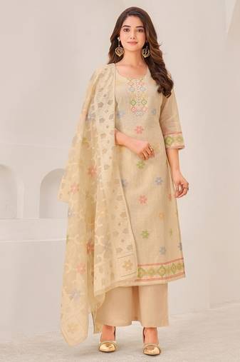 Beige linen printed hand embroidery kurta set with dupatta