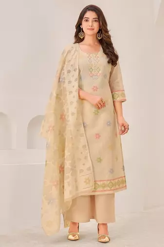 Beige linen printed hand embroidery kurta set with dupatta