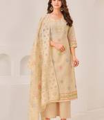 Beige linen printed hand embroidery kurta set with dupatta
