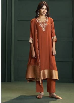 Rust chanderi printed hand embroidery kurta set with dupatta 1