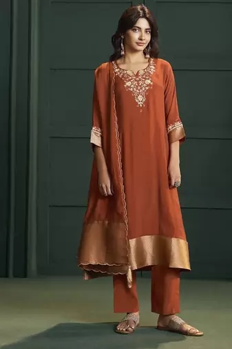 Rust chanderi printed hand embroidery kurta set with dupatta