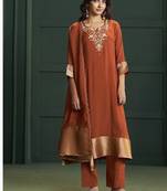 Rust chanderi printed hand embroidery kurta set with dupatta