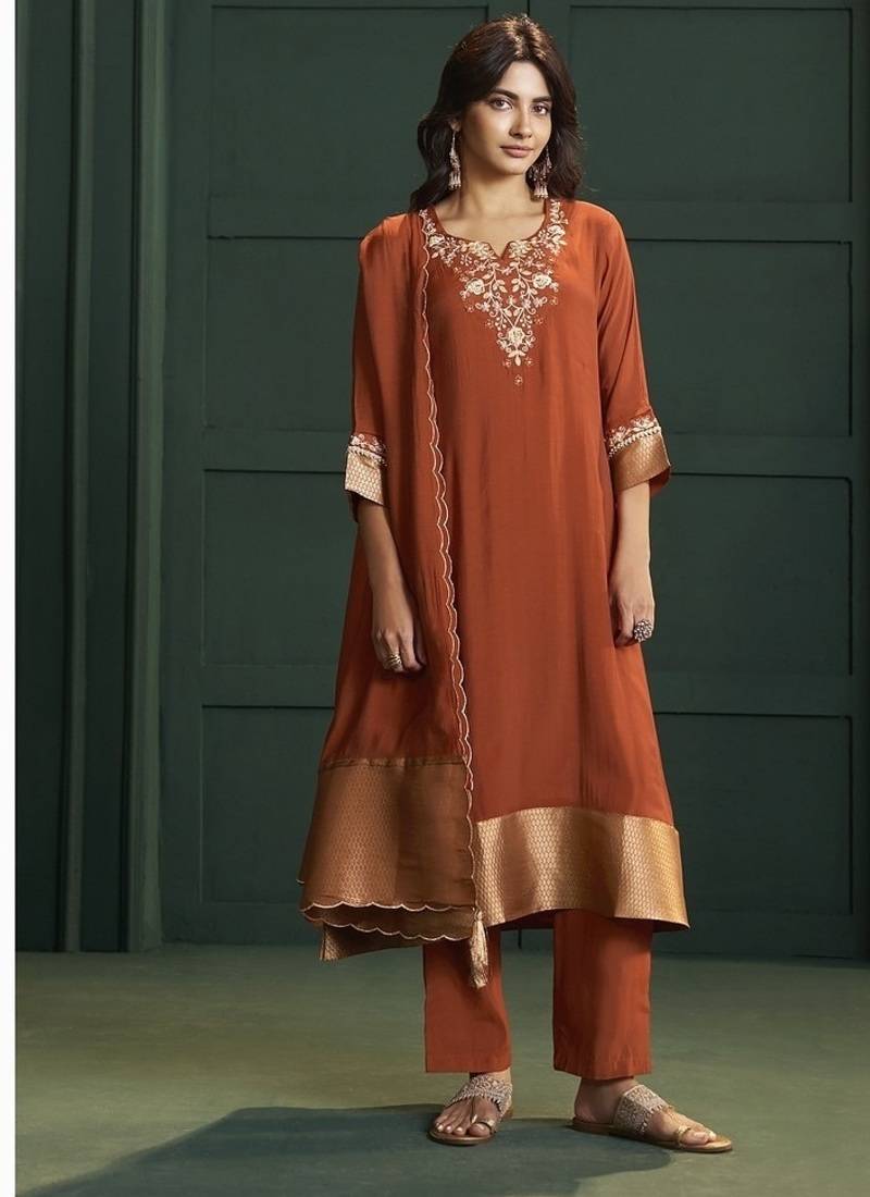 Rust chanderi printed hand embroidery kurta set with dupatta