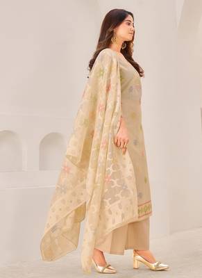 Beige linen printed hand embroidery kurta set with dupatta 2