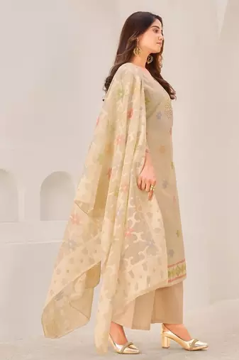 Beige linen printed hand embroidery kurta set with dupatta