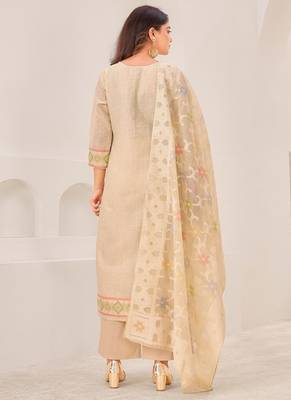 Beige linen printed hand embroidery kurta set with dupatta 3