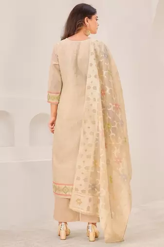 Beige linen printed hand embroidery kurta set with dupatta