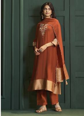 Rust chanderi printed hand embroidery kurta set with dupatta 2