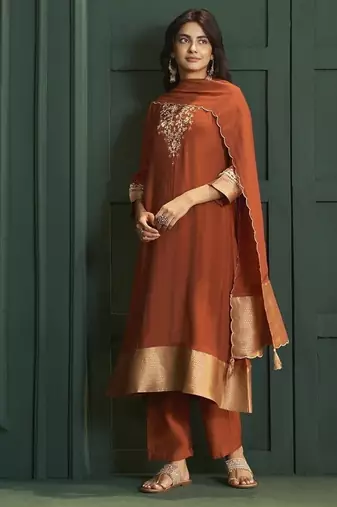 Rust chanderi printed hand embroidery kurta set with dupatta
