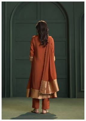 Rust chanderi printed hand embroidery kurta set with dupatta 3
