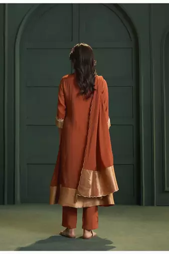 Rust chanderi printed hand embroidery kurta set with dupatta