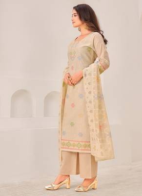 Beige linen printed hand embroidery kurta set with dupatta 4