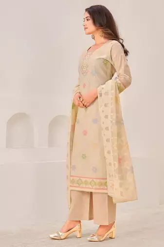 Beige linen printed hand embroidery kurta set with dupatta