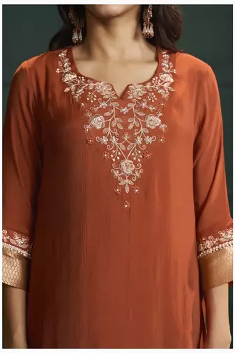 Rust chanderi printed hand embroidery kurta set with dupatta