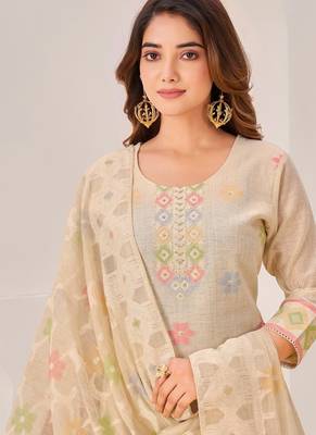 Beige linen printed hand embroidery kurta set with dupatta 5