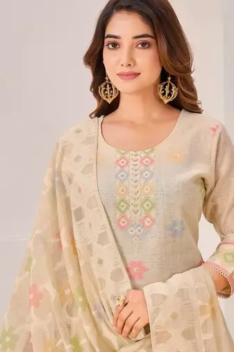 Beige linen printed hand embroidery kurta set with dupatta
