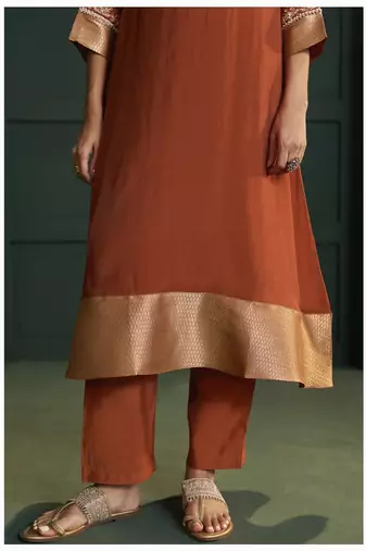 Rust chanderi printed hand embroidery kurta set with dupatta
