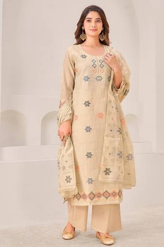 Beige linen printed hand embroidery kurta set with dupatta