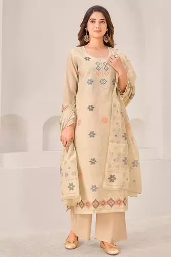 Beige linen printed hand embroidery kurta set with dupatta